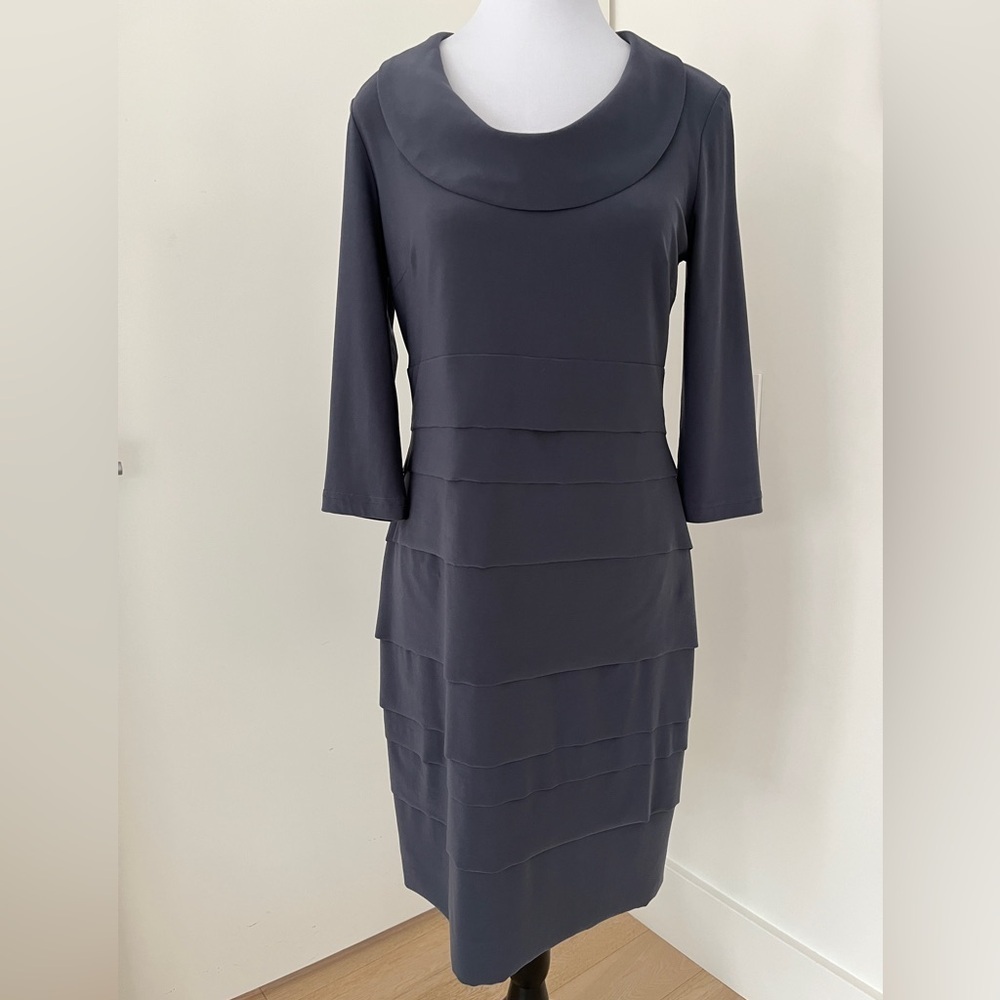 JOSEPH RIBKOFF Scoop Cowl Neck Dress 3/4 Sleeve Layered Detail Skirt Event Chic